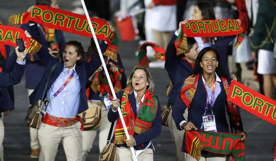 Portugal's Telma Monteiro carries the flag during the Opening Ceremony at the 2012 Summer Olympics in London.