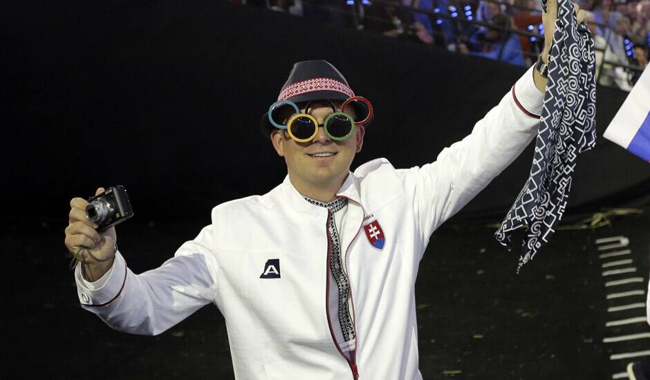 A Slovakian athlete takes in the activities during the Opening Ceremony at the 2012 Summer Olympics in London.