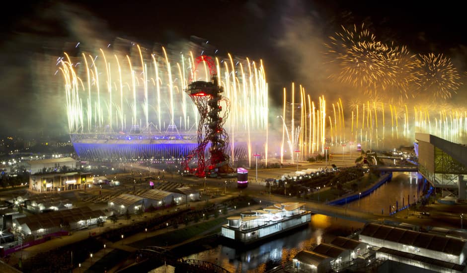 Fireworks light up the Olympic Stadium during the Opening Ceremony for the 2012 Summer Olympics in London.