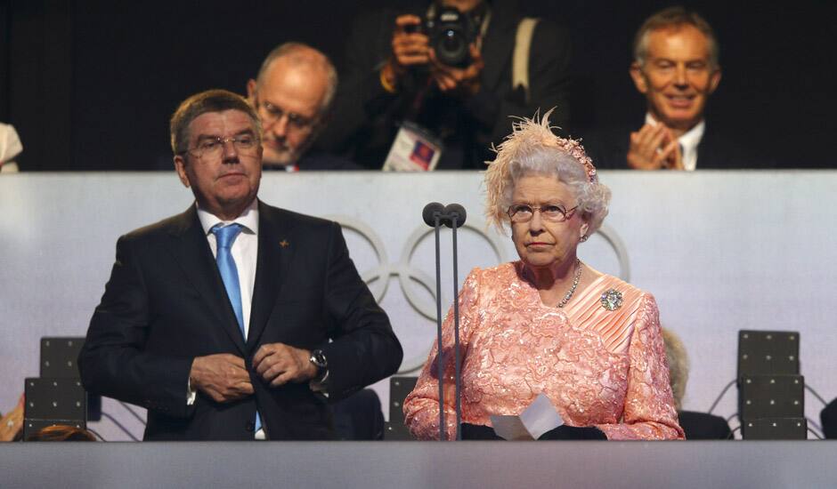 Britain's Queen Elizabeth II, declares the games open alongside International Olympic Committee Vice President Thomas Bach during the Opening Ceremony at the 2012 Summer Olympics in London.