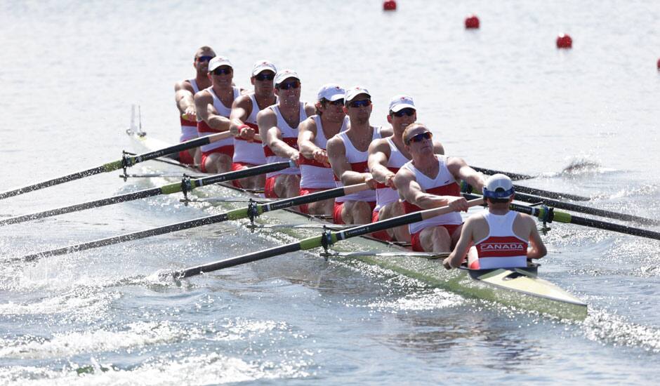 Men's rowing eight heat in Eton Dorney, near Windsor, England, at the 2012 Summer Olympics.