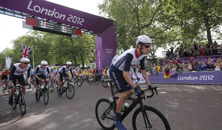 Britain's Bradley Wiggins leads his teammates as they start the Men's Road Cycling race at the 2012 Summer Olympics in London.