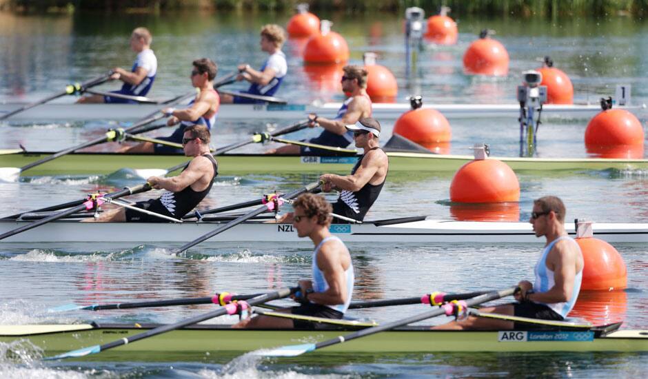 Boats from, bottom to top, Argentina, New Zealand, Great Britain, and Estonia during a men's rowing double sculls heat in Eton Dorney, near Windsor, England, at the 2012 Summer Olympics.