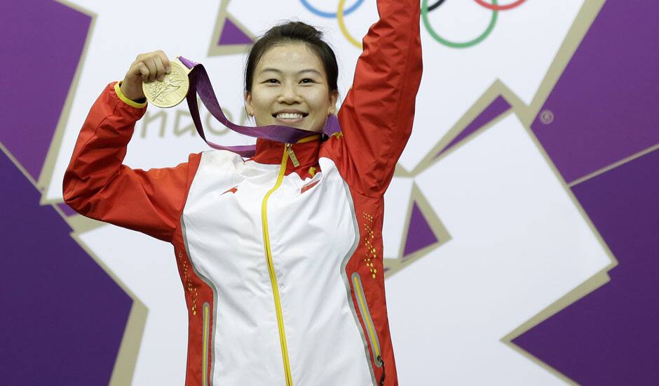 China's Yi Siling celebrates after winning the gold medal in the women's 10-meter air rifle event at the 2012 Summer Olympics in London.