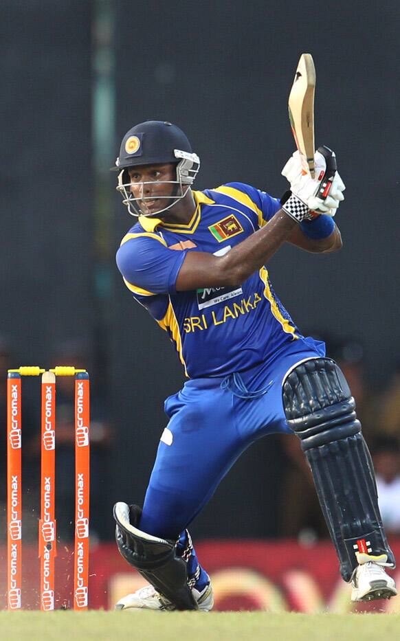 Angelo Mathews bats during the third one-day international cricket match between India and Sri Lanka in Colombo.