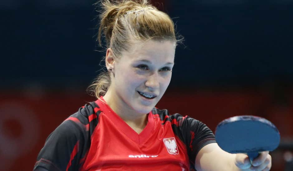 Natalia Partyka of Poland celebrates her win against Mie Skov of Denmark in the second round of the women's singles table tennis at the 2012 Summer Olympics in London.