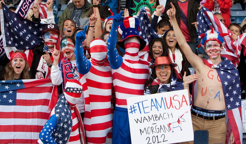 US supporters cheer during the group G women's soccer match between the United States and Colombia at the London 2012 Summer Olympics  at Hampden Park Stadium in Glasgow, Scotland.