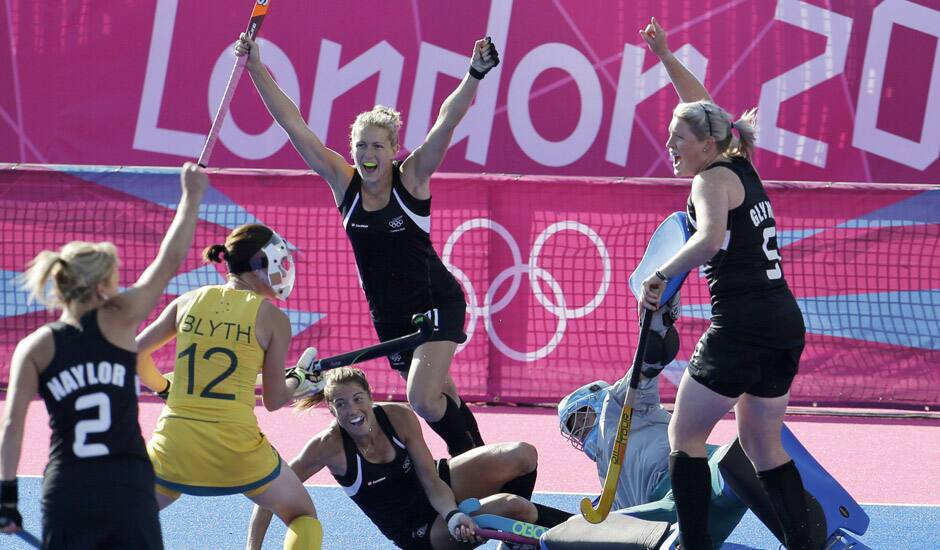 New Zealand's Stacey Michelsen, celebrates scoring a goal in the first half of the women's hockey competition preiminary round match against Australia at the 2012 Summer Olympics in London. 