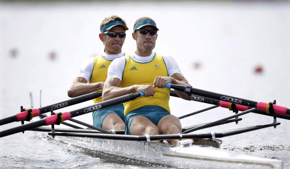 Australia's Scott Brennan, and David Crawshay stroke during a men's rowing double sculls repechage in Eton Dorney, near Windsor, England, at the 2012 Summer Olympics.