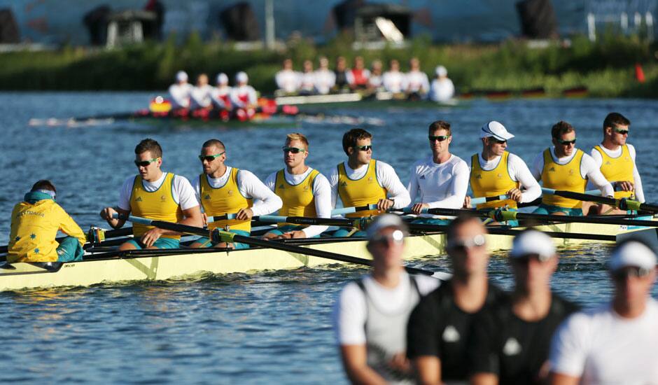 Australia's Tobias Lister and team members Nicholas Rurnell, Matthew Ryan, Joshua Booth, Thomas Swann, Bryn Coudraye,  Francis Hegerty, and Samuel Loch train for the men's rowing eight before the start of competition in Eton Dorney, near Windsor, England, at the 2012 Summer Olympics.