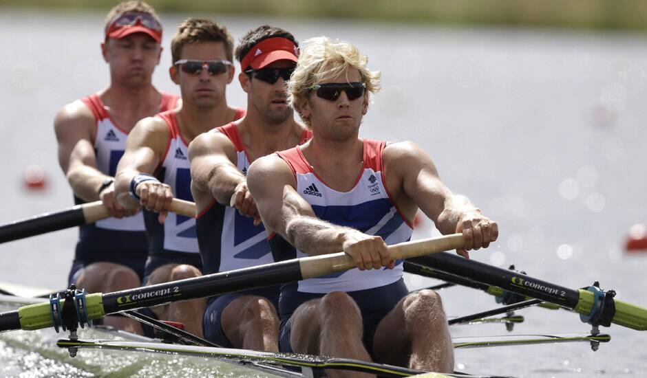 Great Britain's Andrew Triggs,  Hodge, Tom James, Pete Reed and Alex Gregory stroke to win a men's rowing four heat in Eton Dorney, near Windsor, England, at the 2012 Summer Olympics.