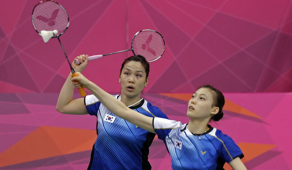 South Korea's Jung Kyung-eun, left, and Kim Ha-na play against Valeria Sorokina and Nina Vislova, or Russia, during a women's doubles badminton match at the 2012 Summer Olympics in London. 