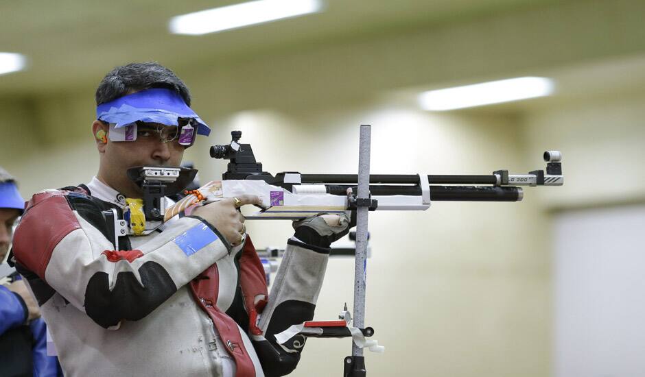 Gagan Narang shoots during qualifiers for the men's 10-meter air rifle event at the 2012 Summer Olympics in London.