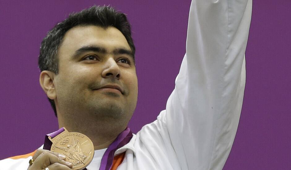 Gagan Narang celebrates winning the bronze medal in the men's 10-meter air rifle at the 2012 Summer Olympics in London.