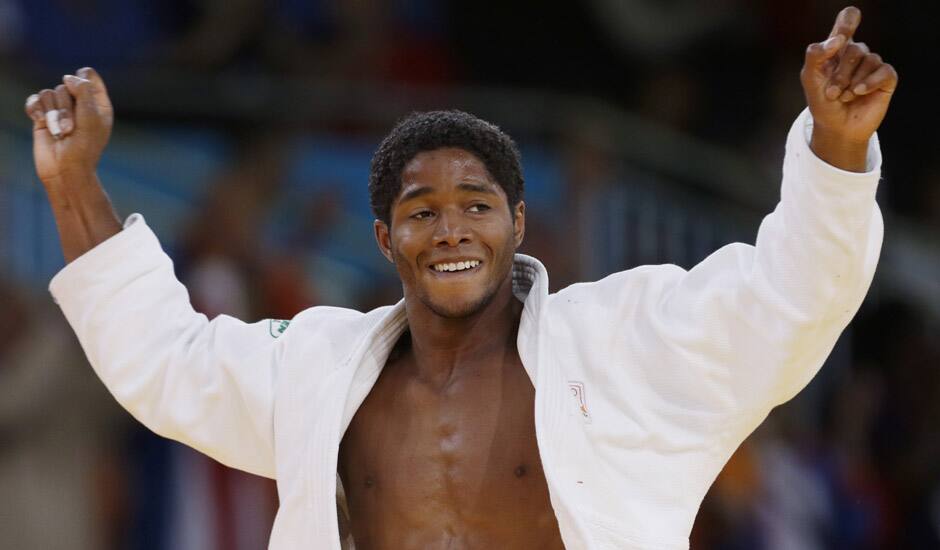 Dex Elmont of Netherlands reacts after defeating Ugo Legrand of France during the men's 73-kg judo competition at the 2012 Summer Olympics in London. 