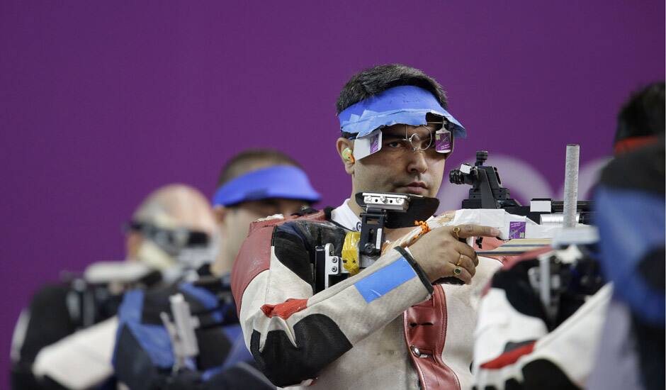 Gagan Narang shoots during the men's 10-meter air rifle final at the 2012 Summer Olympics in London. Gagan placed third to win the bronze medal.