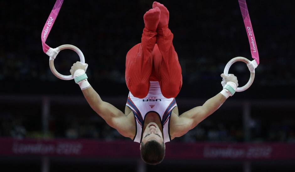 US gymnast Jacob Dalton performs on the rings during the Artistic Gymnastic men's team final at the 2012 Summer Olympics.