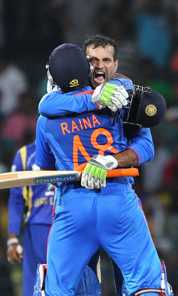  Irfan Pathan, right hugs teammate Suresh Raina after scoring the winning run to beat Sri Lanka during the third one-day international cricket match between India and Sri Lanka in Colombo.