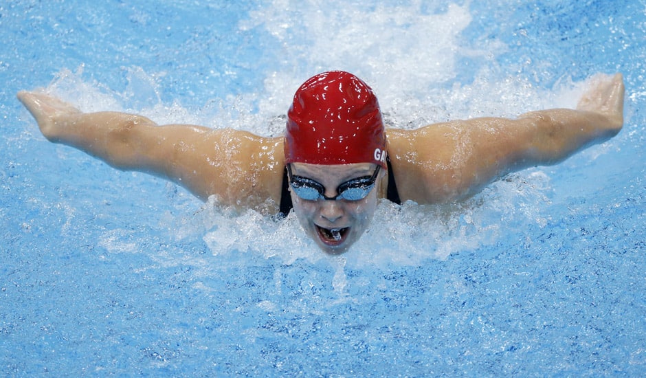 Britain's Ellen Gandy competes in a women's 200-meter butterfly swimming heatat the Aquatics Centre in the Olympic Park during the 2012 Summer Olympics, London.