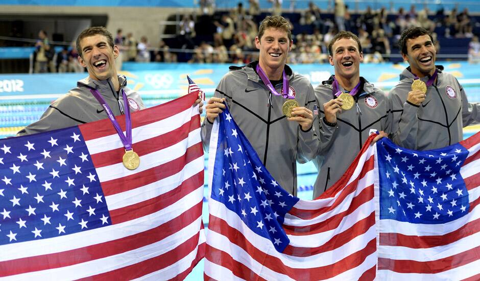 From left, United States' Michael Phelps, Conor Dwyer, Ricky Berens and Ryan Lochte pose with their gold medals for the men's 4x200-meter freestyle relay swimming final at the Aquatics Centre in the Olympic Park during the 2012 Summer Olympics in London.