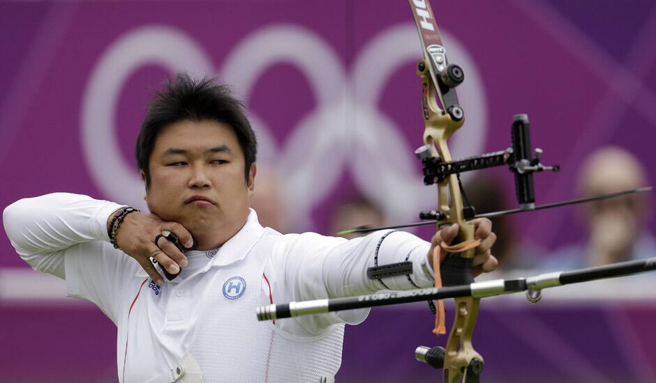 South Korea's Oh Jin-hyek shoots during an elimination round of the individual archery competition at the 2012 Summer Olympics in London.