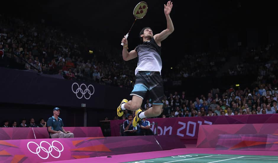 Kashyap Parupalli plays against Sri Lanka's Niluka Karunaratne at a men's singles badminton match of the 2012 Summer Olympics in London. 