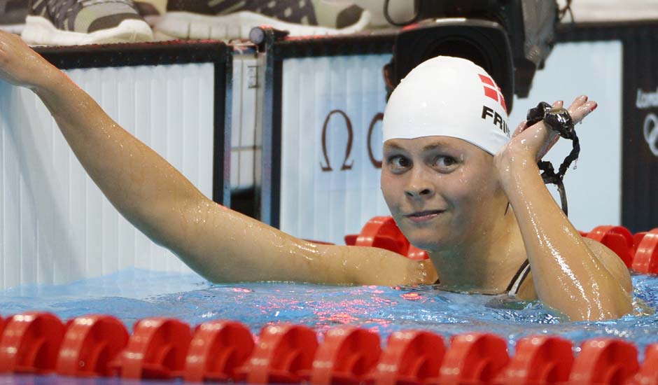 Denmark's Lotte Friis gestures after competing in a women's 800-meter freestyle swimming heat at the Aquatics Centre in the Olympic Park during the 2012 Summer Olympics in London.