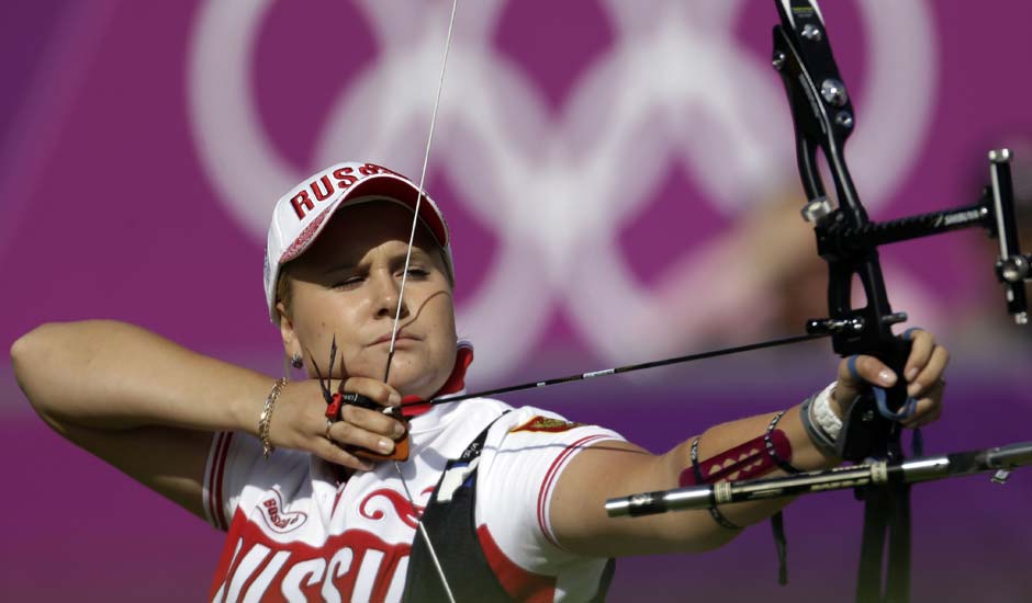 Russia's Ksenia Perova shoots during the individual archery competition at the 2012 Summer Olympics.