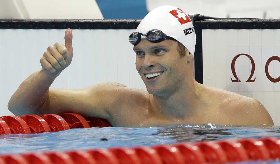 Switzerland's Dominik Meichtry reacts after competing in a men's 100-meter butterfly swimming heat at the Aquatics Centre in the Olympic Park during the 2012 Summer Olympics in London.