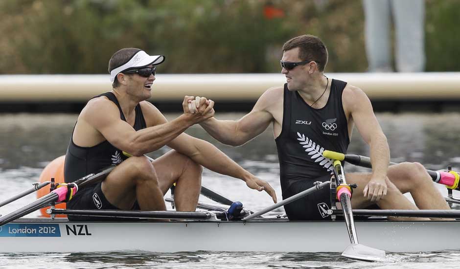 New Zealand's Joseph Sullivan, left, and Nathan Cohen celebrate after winning the gold medal for the men's rowing double sculls in Eton Dorney, near Windsor, England, at the 2012 Summer Olympics.