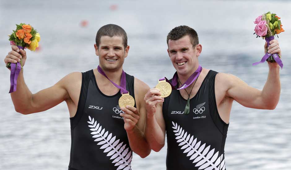 New Zealand's Joseph Sullivan, right, and Nathan Cohen celebrate after winning the gold medal for the men's rowing double sculls in Eton Dorney, near Windsor, England, at the 2012 Summer Olympics.