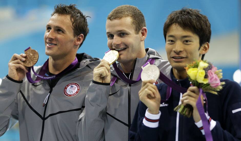 Japan's Ryosuke Irie, United States' Tyler Clary and United States' Ryan Lochte pose with their medals for the men's 200-meter backstroke swimming final at the Aquatics Centre in the Olympic Park during the 2012 Summer Olympics in London.