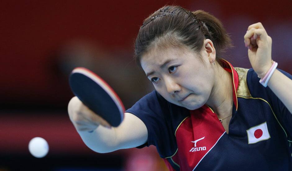 Japan's Ai Fukuhara returns a shot to United States' Ariel Hsing during women's team table tennis competition at the 2012 Summer Olympics, in London.