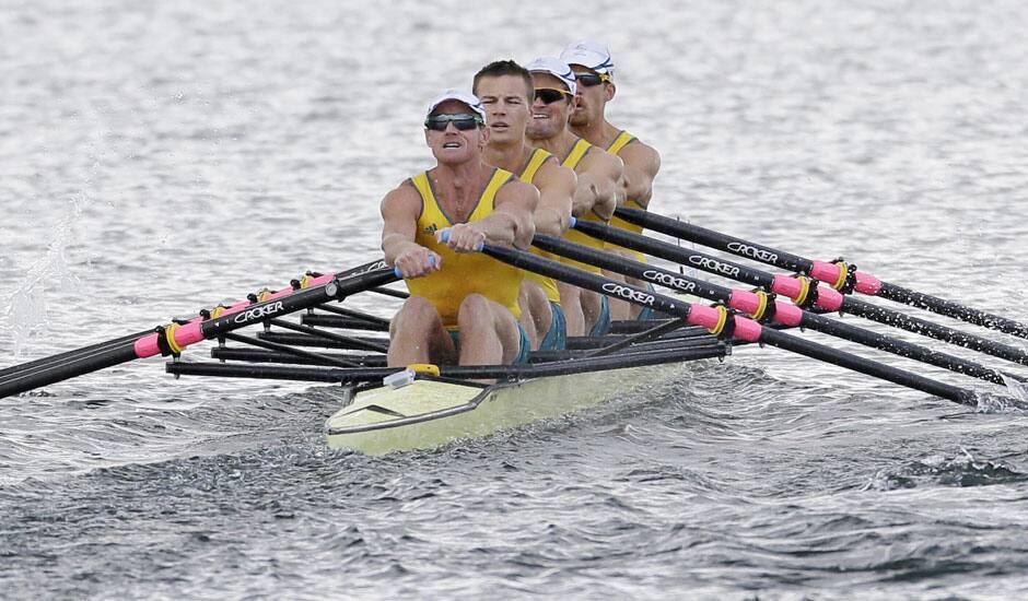 Australia's, left to right, Daniel Noonan, James McRae, Karsten Forsterling, and Christopher Morgan row on their way to winning the bronze medal for the men's quadruple rowing sculls in Eton Dorney, near Windsor, England, at the 2012 Summer Olympics.