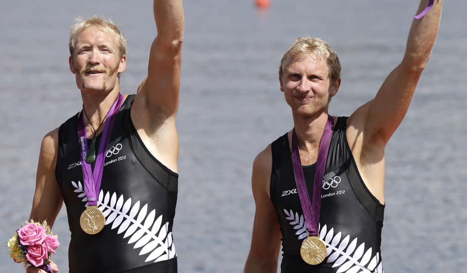 New Zealand's Hamish Bond, and Eric Murray celebrate after winning the gold medal in the men's rowing pair in Eton Dorney, near Windsor, England, at the 2012 Summer Olympics.