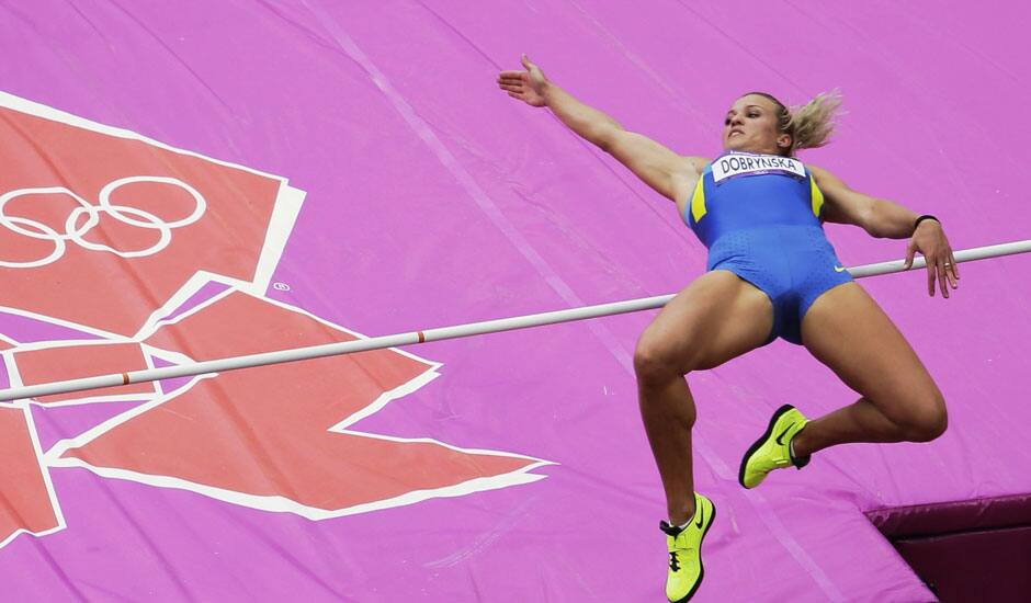 Ukraine's Natallia Dobrynska makes an attempt in the High Jump of the Women's Heptathlon during the athletics in the Olympic Stadium at the 2012 Summer Olympics, London.