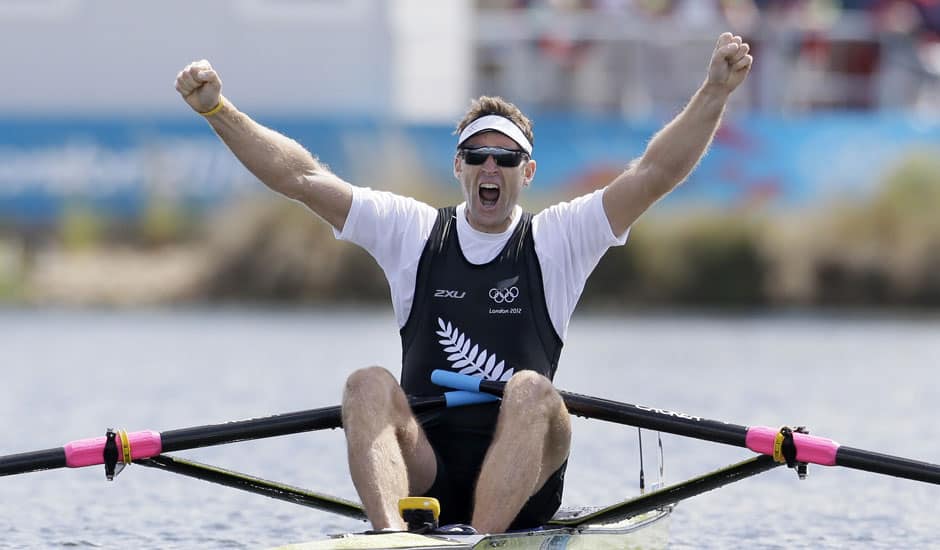 New Zealand' Mahe Drysdale celebrates after winning the gold medal for the men's rowing single sculls in Eton Dorney, near Windsor, England, at the 2012 Summer Olympics.