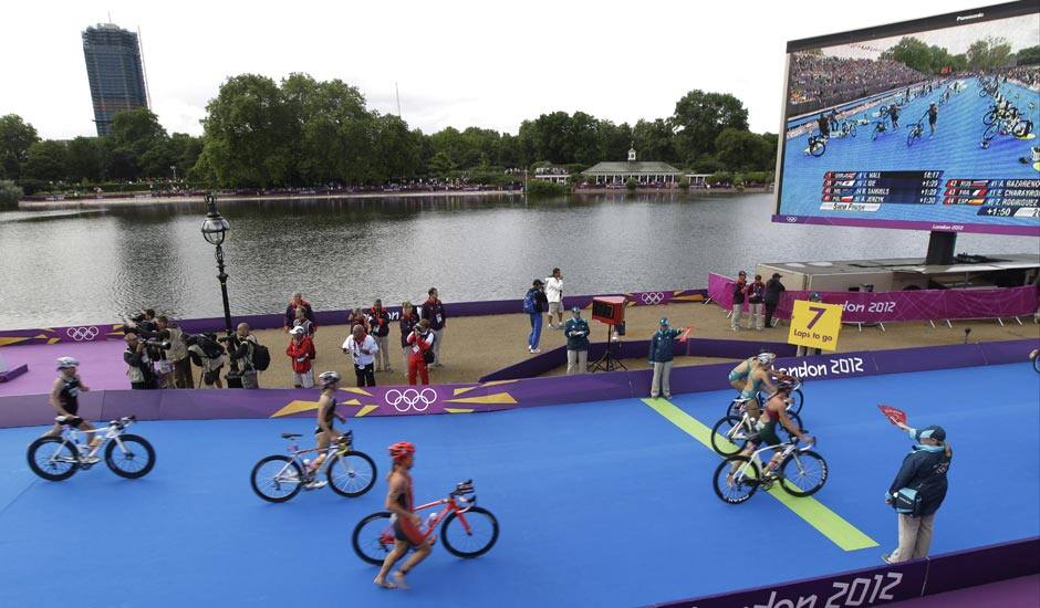 Triathletes compete in the triathlon at the 2012 Summer Olympics.