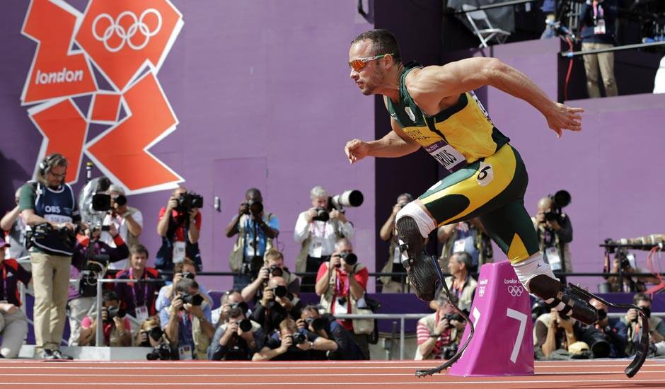 South Africa's Oscar Pistorius starts in a men's 400-meter heat during the athletics in the Olympic Stadium at the 2012 Summer Olympics.