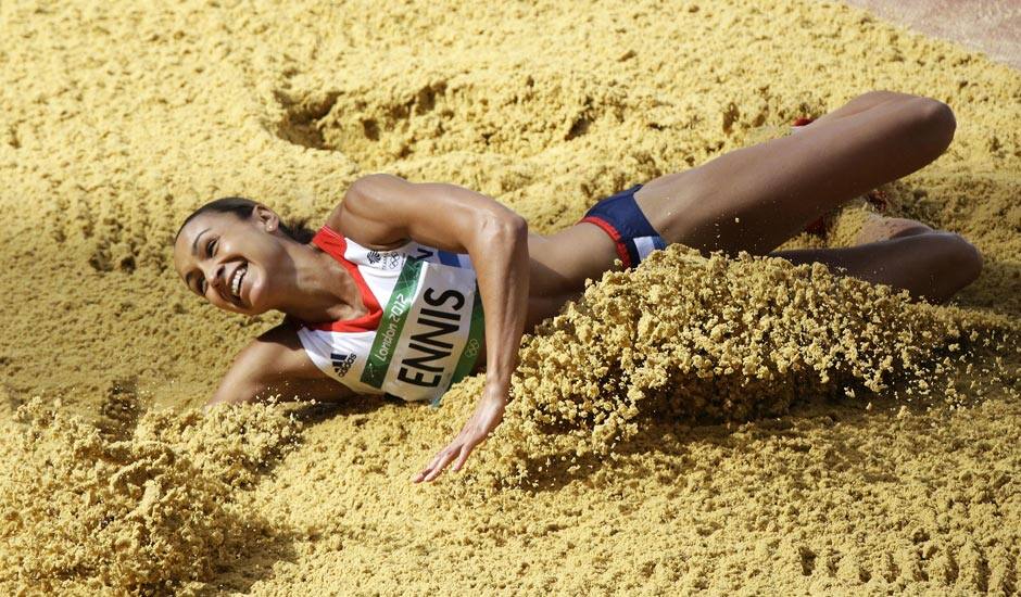 Britain's Jessica Ennis lands a jump during the long jump heptathlon during the athletics in the Olympic Stadium at the 2012 Summer Olympics.