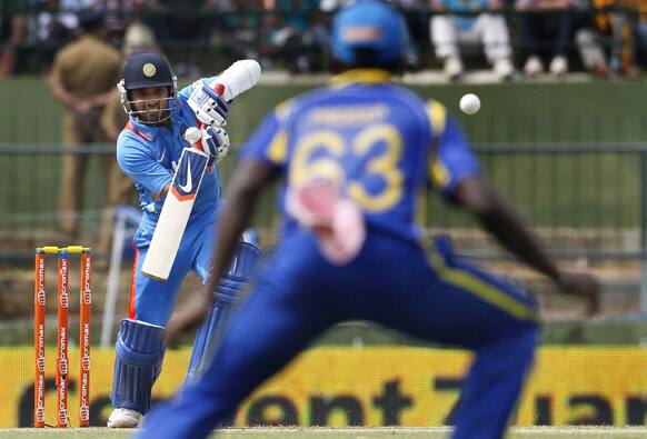 Ajinkya Rahane bats during the fifth one day international cricket match against Sri Lanka in Pallekele, Sri Lanka.