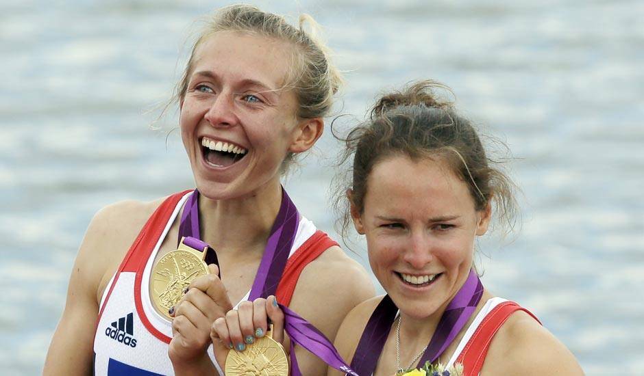 Great Britain's Katherine Copeland, left, and Sophie Hosking celebrate after winning the gold medal for the lightweight women's rowing double sculls in Eton Dorney, near Windsor, at the 2012 Summer Olympics.