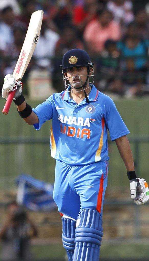 Gautam Gambhir celebrates after scoring a half century during the fifth one day international cricket match against Sri Lanka in Pallekele.