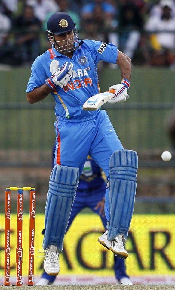 Mahendra Singh Dhoni bats during the fifth one day international cricket match against Sri Lanka in Pallekele.