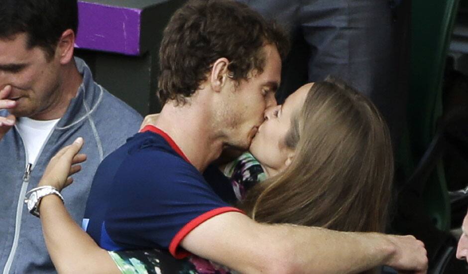 Andy Murray of Great Britain kisses his girlfriend, Kim Sears, after Murray defeated Roger Federer of Switzerland in the men's singles gold medal match at the All England Lawn Tennis Club at Wimbledon, in London, at the 2012 Summer Olympics.