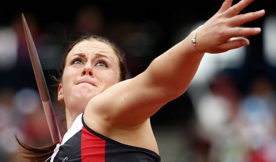 Canada's Elizabeth Gleadle takes a throw in a women's javelin throw qualification round during the athletics in the Olympic Stadium at the 2012 Summer Olympics, London.