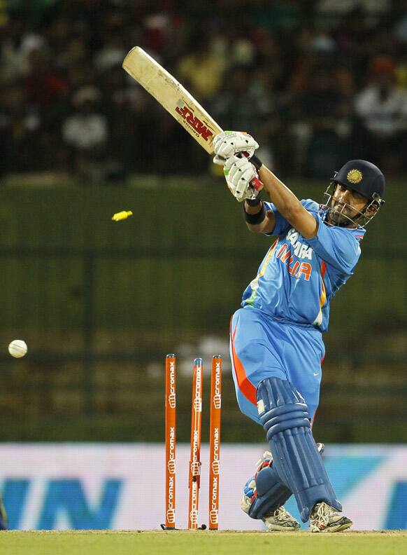 Gautam Gambhir loses his wicket during a Twenty20 cricket match against Sri Lanka in Pallekele.