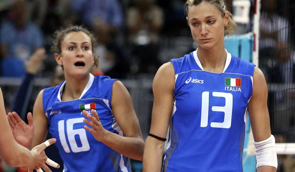 Italy's Lucia Bosetti, left, and Valentina Arrighetti react after a point was scored by South Korea during a women's quarterfinal volleyball match at the 2012 Summer Olympics.