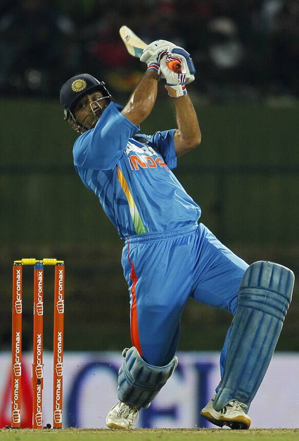 Mahendra Singh Dhoni in action during a Twenty20 cricket match between India and Sri Lanka in Pallekele.