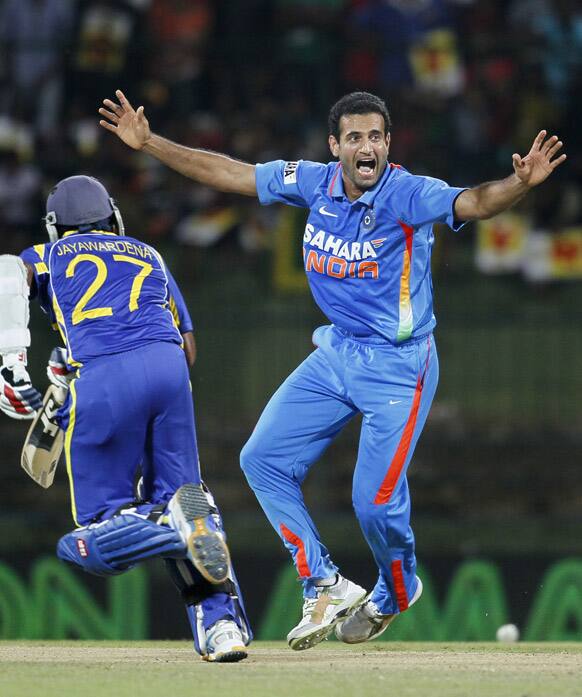 Irfan Pathan appeals unsuccessfully for a LBW decision against Sri Lanka's batsman Lahiru Thirimanne, unseen, during a Twenty20 cricket match between India and Sri Lanka in Pallekele.